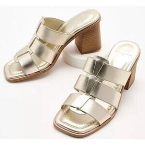 New Marc Fisher LTD Louisa‎ Leather Block Heel Slip On Mules Woven Gold Size 8M